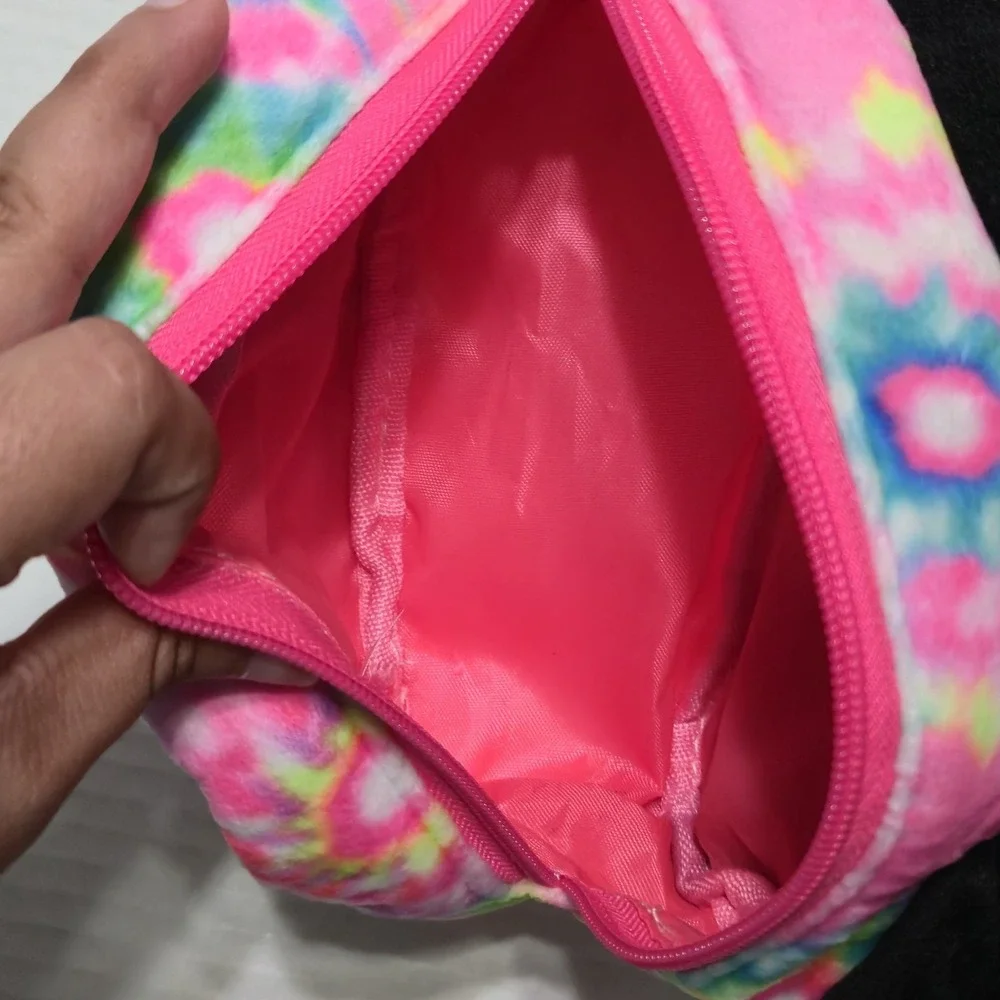 Cute Plush Tie Dye Panda Pencil Case Cosmetic Makeup Pouch Bag Glitter Pink Bow